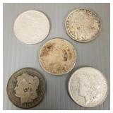 5 Morgan U.S. silver dollars: 1879, 1881, 1890,