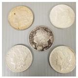 5 Morgan U.S. silver dollars: 1878, 1889, 1899,