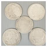 5 U.S. Morgan silver dollars- asst. dates (as seen