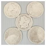 5 U.S. Morgan silver dollars- asst. dates (as seen