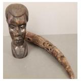 2 African wood carvings: bust & horn- 22' larger