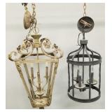 2 large lantern style metal light fixtures-