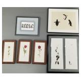 6 artworks- some pencil signed- penguins, flowers,