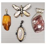 4 large sterling silver pendants s/w stones incl