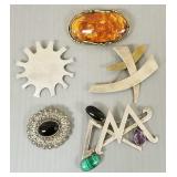 5 vintage sterling silver brooches s/w amber, etc-