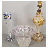3 pcs vintage glass incl acid etched glass lamp,