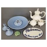Gp Asst pottery: 4-pc console set w/ flower frog,