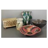 5 pcs signed studio pottery/ stoneware: