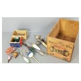 Vintage fishing items incl reels, bobbers, etc-