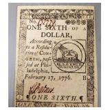 1776 U.S. Continental currency: 1/6 of a dollar