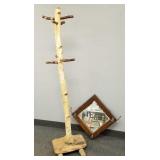 2 hat racks: primitive birch log 6' tall & oak