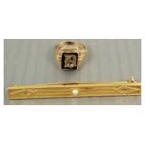 2 pcs gold jewelry: 14k bar pin & 10k signet ring