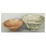 2 large pottery bowls: spouted redware (chip) &