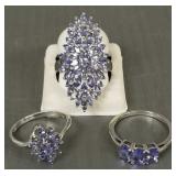 3 sterling silver rings s/w tanzanite stones-