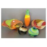 5 pcs signed art glass: 2 bowls & 3 vases-