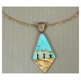 Sterling silver necklace & pendant inlaid w/