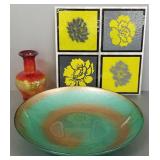 3 pcs art glass, etc: floral tile plaque, bowl,