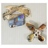 2 silver artisan brooches set with opal, etc-