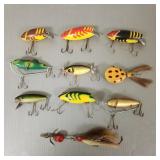 10 vintage fishing lures incl frog- 3' longest