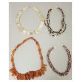 4 bead necklaces incl amber, rutilated quartz, etc