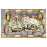 Western artwork on leather in fur trimmed frame:
