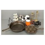 Metalware incl cast iron pans, iron cows, etc