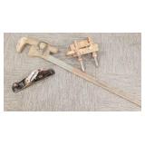 3 tools: large 45' pipe wrench & 2 planes