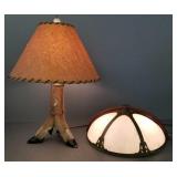 2 lamps; slag glass wall & 22' elk foot-