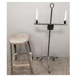 2 iron pcs: industrial stool & floor candelabra-