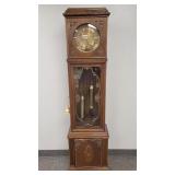 Antique carved oak tall clock w/ brass movement