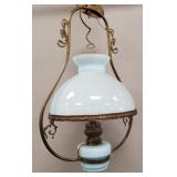 Victorian light fixture w/ blue glass shade & font