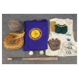Group vintage sporting goods, baseball glove,