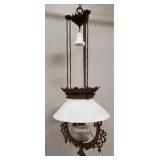 Antique Victorian hanging pull down oil lamp with