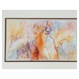 Framed triptych watercolor painting man w/ hat-