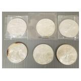 6- US silver eagle 1 oz- 999 dollars: one 2002,