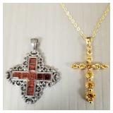 2 sterling silver cross pendants s/w red stones,