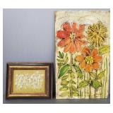 2 signed mid-century mod floral artworks: