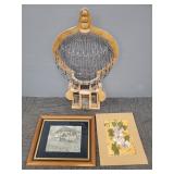 Wire/ wood birdcage, signed batik artwork &
