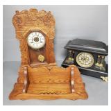 2 antique clocks- 1 is oak with a shelf