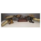 3 antique candy/ store scales w/ brass, etc pans