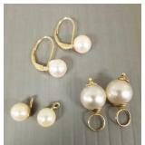 3 pr pearl & 14K tested gold jewelry: 1 pr
