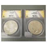 2 graded US silver dollars, 1880S Morgan MS64,