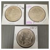 3 US Morgan silver dollars: 1885P, 1886P, 1887P