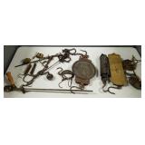 Group antique brass scales, balance scales, etc