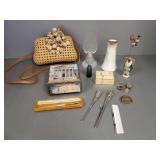 Gp vintage dresser top items- hatpins & holders,