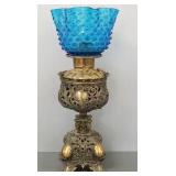 Antique Royal oil lamp with blue hobnail shade-