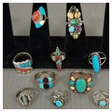 10 Southwest style sterling silver rings s/w