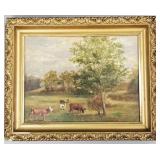 Antique oil painting of cows in ornate frame