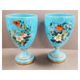 Pr. antique enamel decorated blue opaline glass