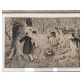 Antique charcoal drawing- children w/ deer in
